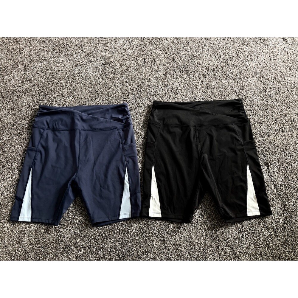 Womens High Waist Biker Shorts Lot of 2 Black & Navy Size L Side Pockets